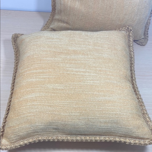 Golden Tan Tweed Accent Pillows with Stitched Jute Trim - Picture 4 of 7